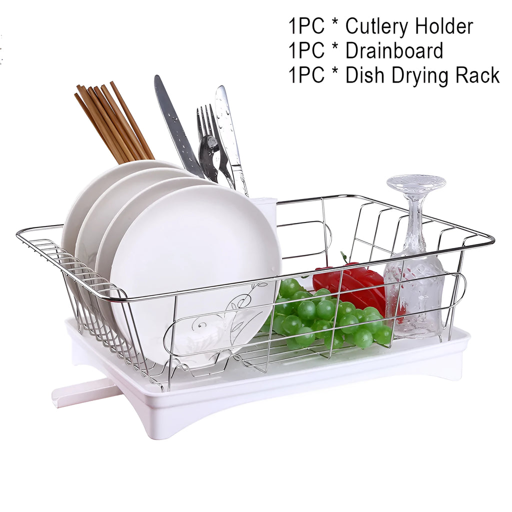 Stainless steel dish drying rack with black plastic drain board and cutlery holder