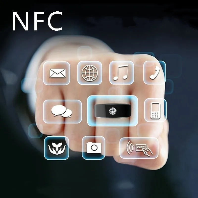 Black NFC multifunctional smart ring in sizes 6 to 13, waterproof and no power supply needed.