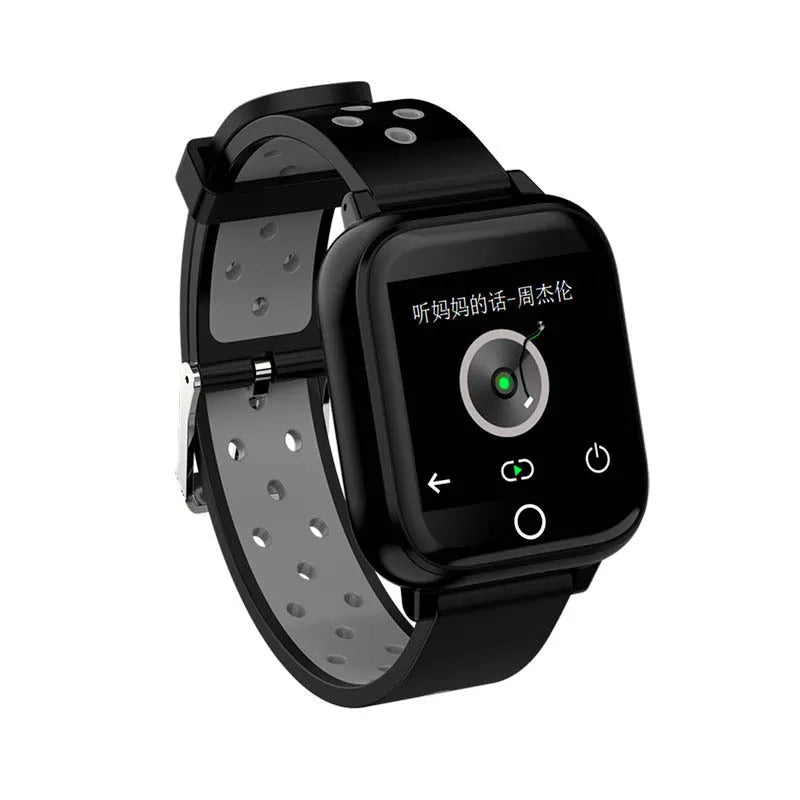 Black smart watch bracelet with integrated Bluetooth earbuds stored in charging cabinet