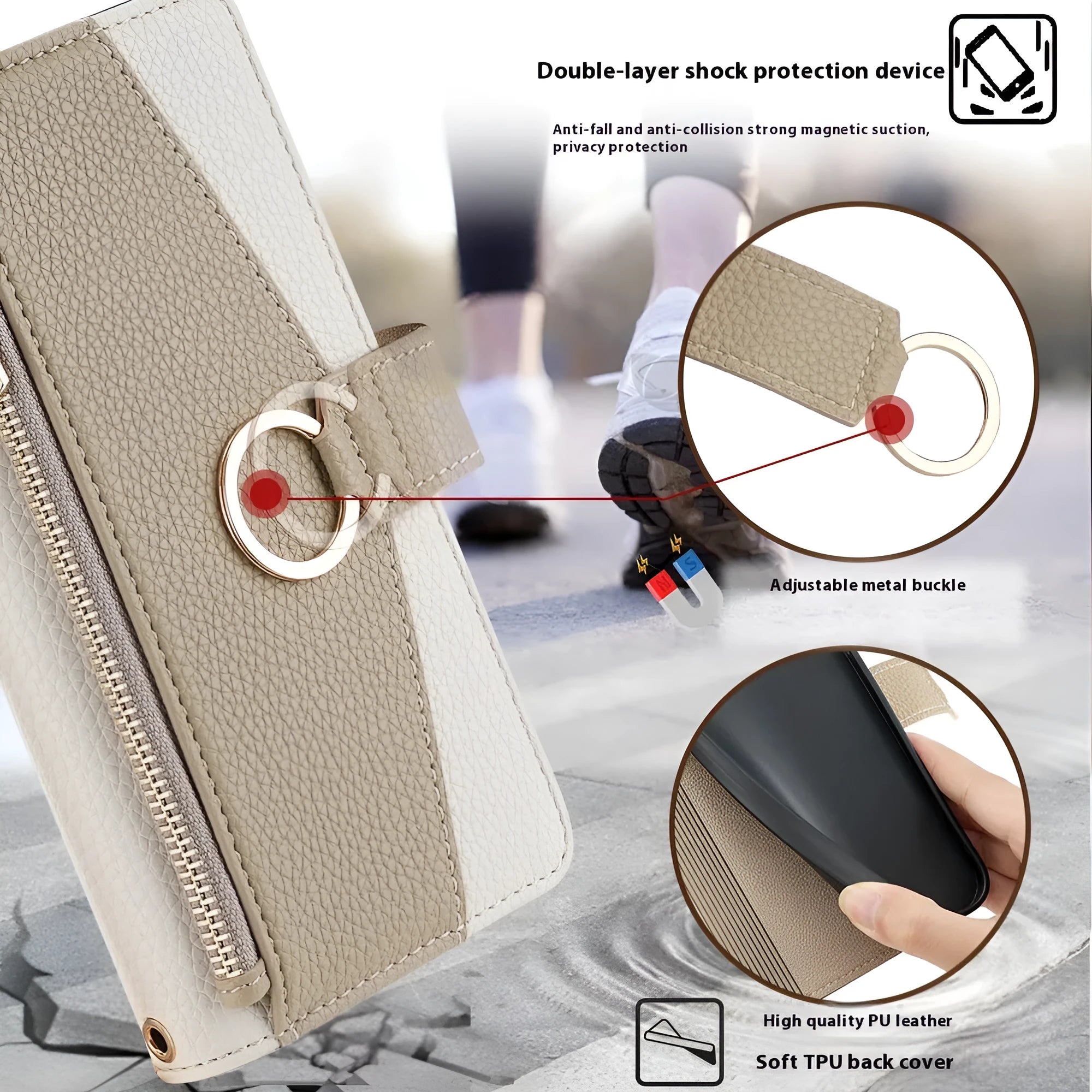 Handmade PU TPU phone shell for Apple iPhone with lanyard bracket and card slot, gray colour