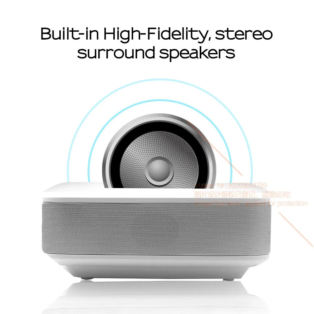 AUN D40W white mini LED projector with WiFi mirroring, USB port, and built-in speaker for home cinema