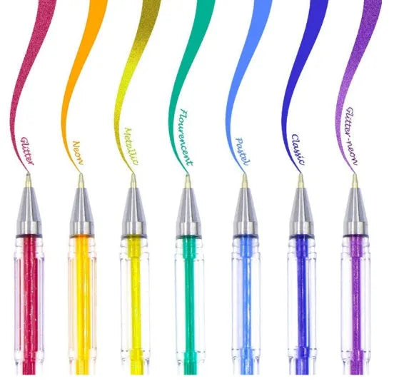 Pack of assorted colour gel pens showing the 2.2mm large inner diameter ink refill specification.