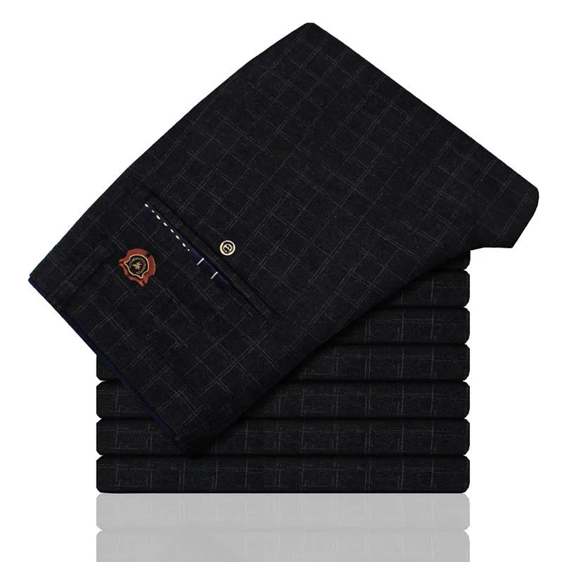 Men's plaid cotton and linen straight trousers in Black or Blue, Asian sizes 28 to 38, straight-leg cut.