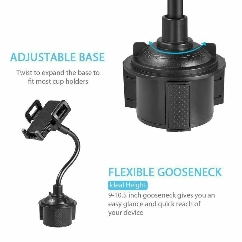 Black universal car phone mounting bracket with adjustable side handles, shown with suction cup and clip hook attachments