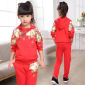 Children's pink red yellow hooded tracksuit set for middle school kids with size chart