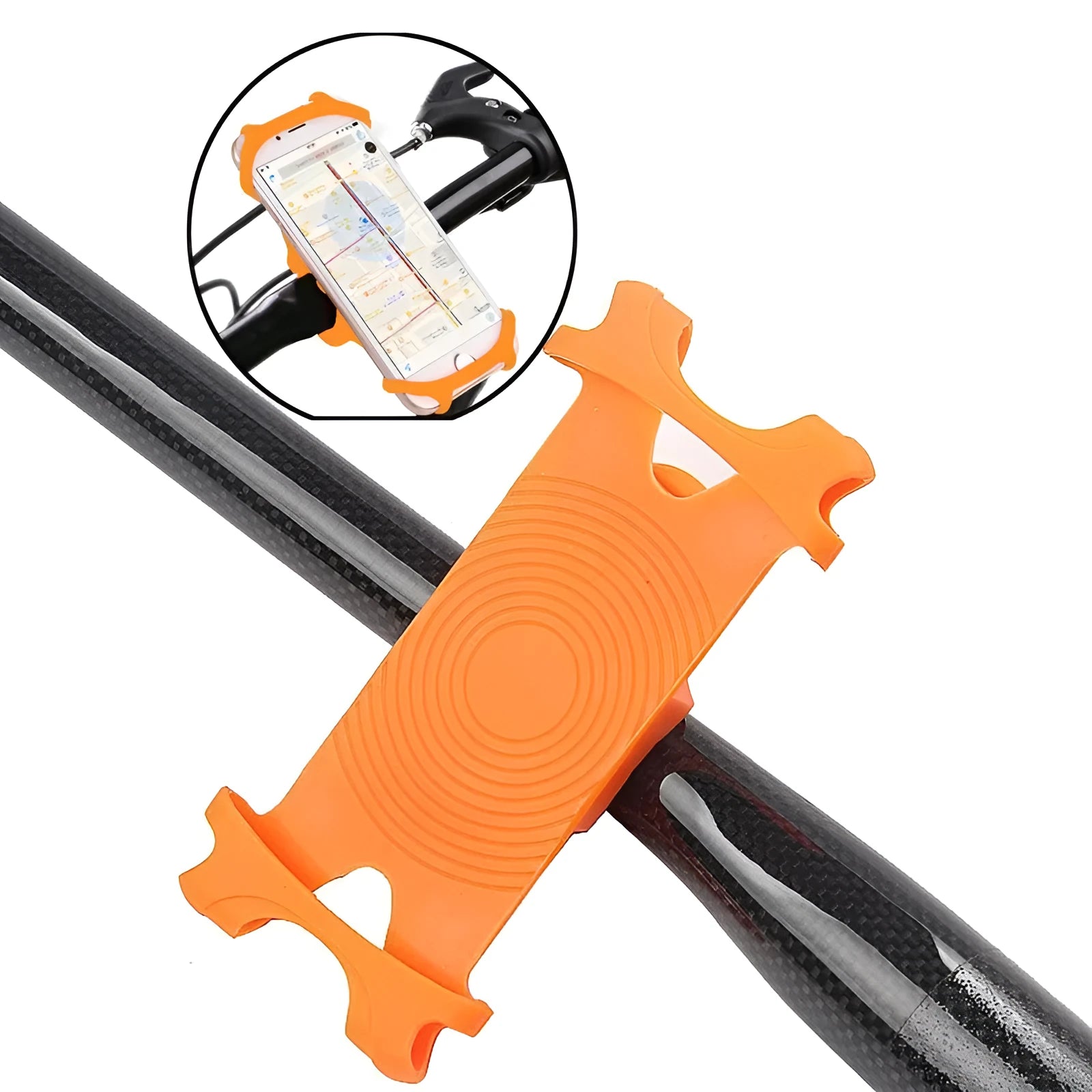Silicone bicycle phone holder mounted on handlebars showing 3 adjustment holes and secure locking mechanism
