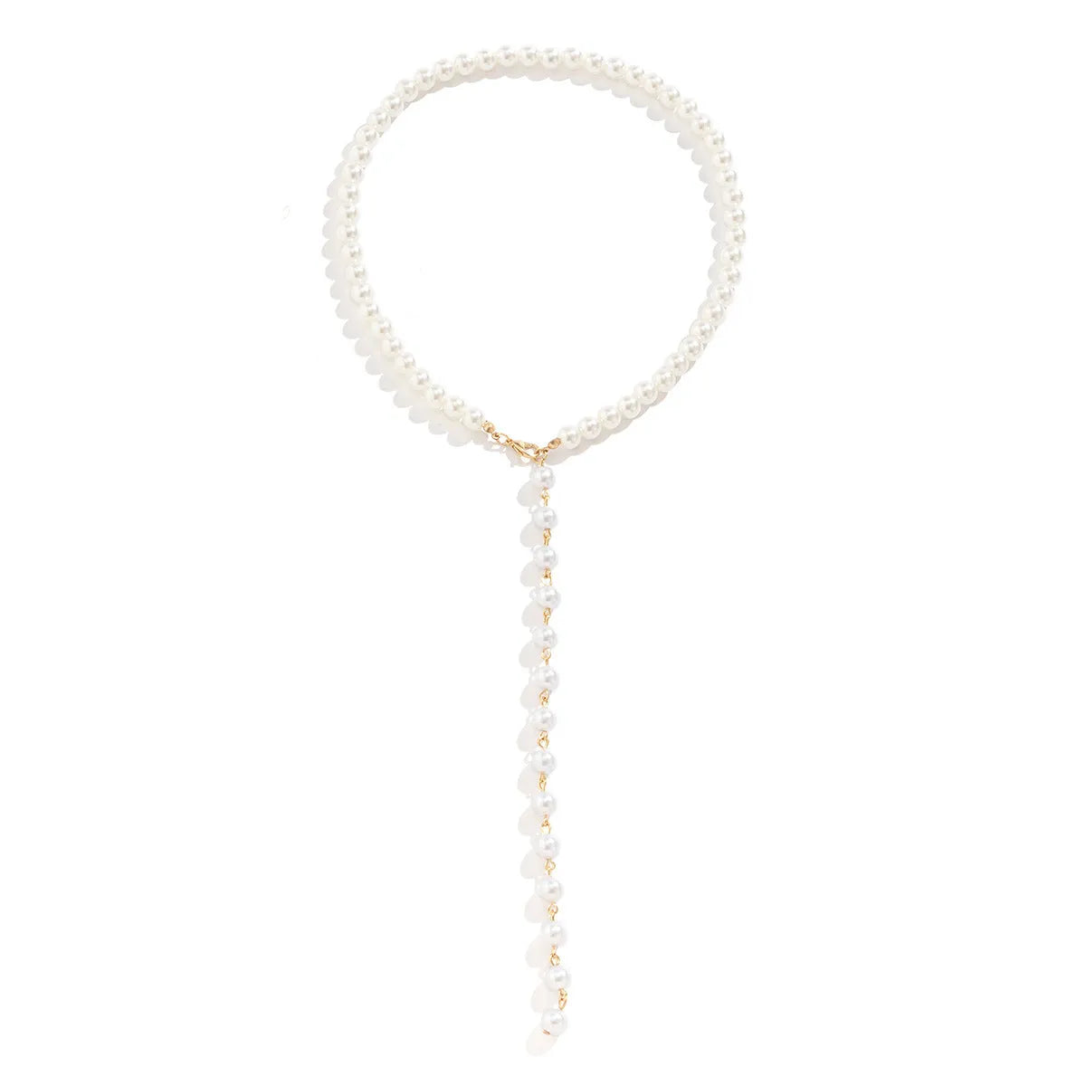 Round bead chain imitation pearl pendant necklace in gold tone with metal construction