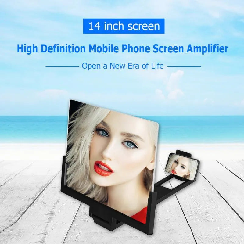Black mobile phone stand with a large central magnifying lens on a stable ABS plastic base.