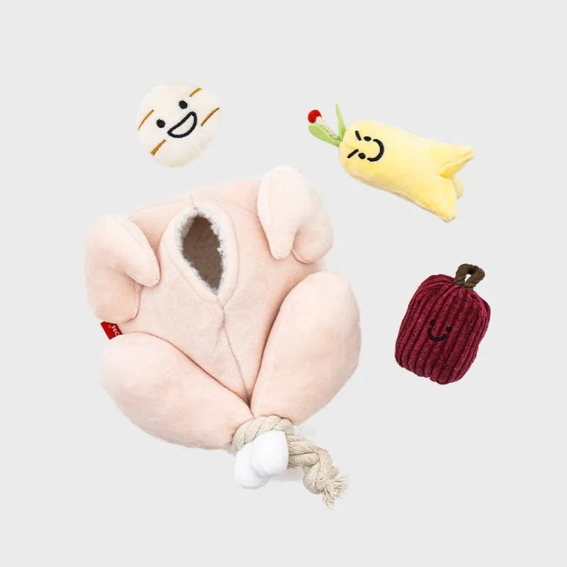 Cartoon plush chicken toy with jujube, chestnut, ginseng, and molar rope for dog and cat play