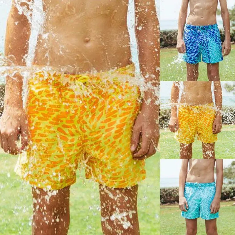 Thermochromic children's shorts in blue with colour-changing polyester fabric