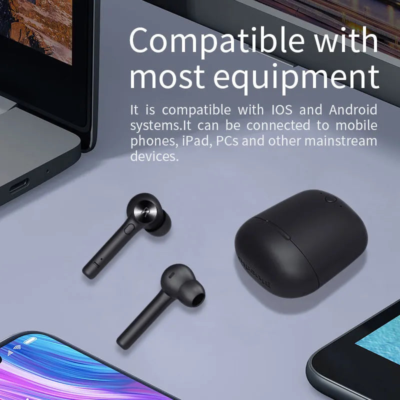 Black true wireless stereo Bluetooth headset earbuds on a white background.