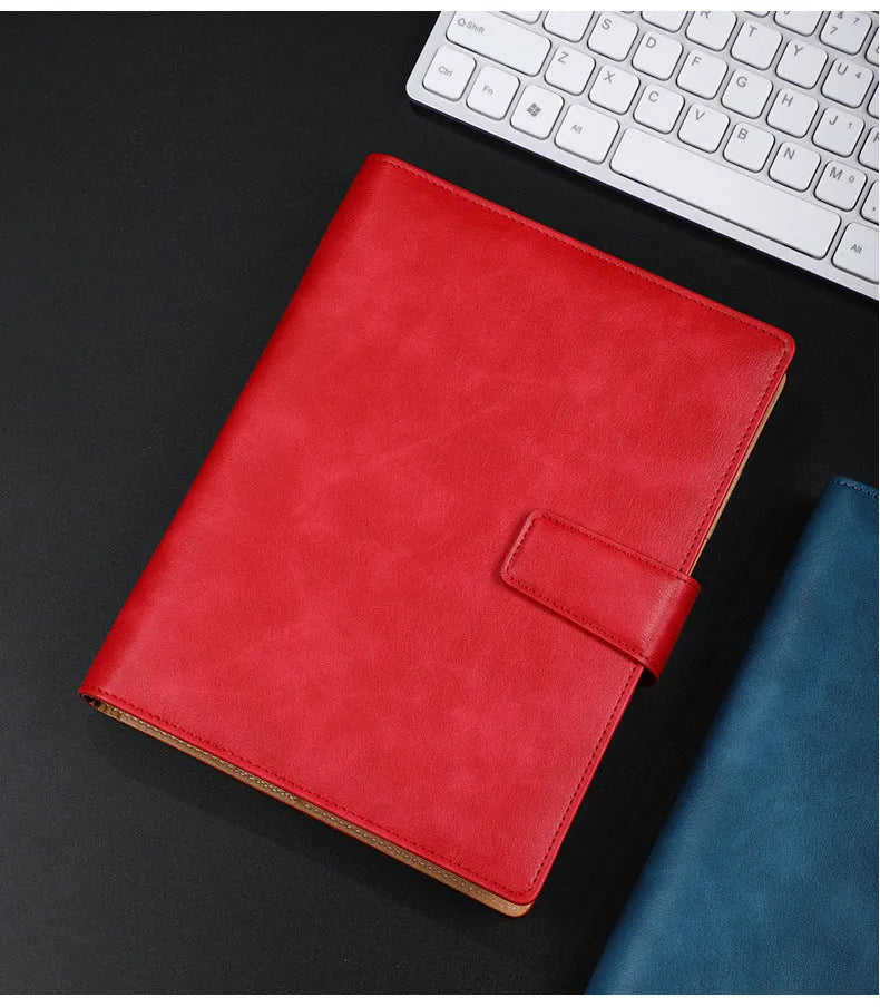 A5 leather notebook with 6-hole binder clip closure and hard cover