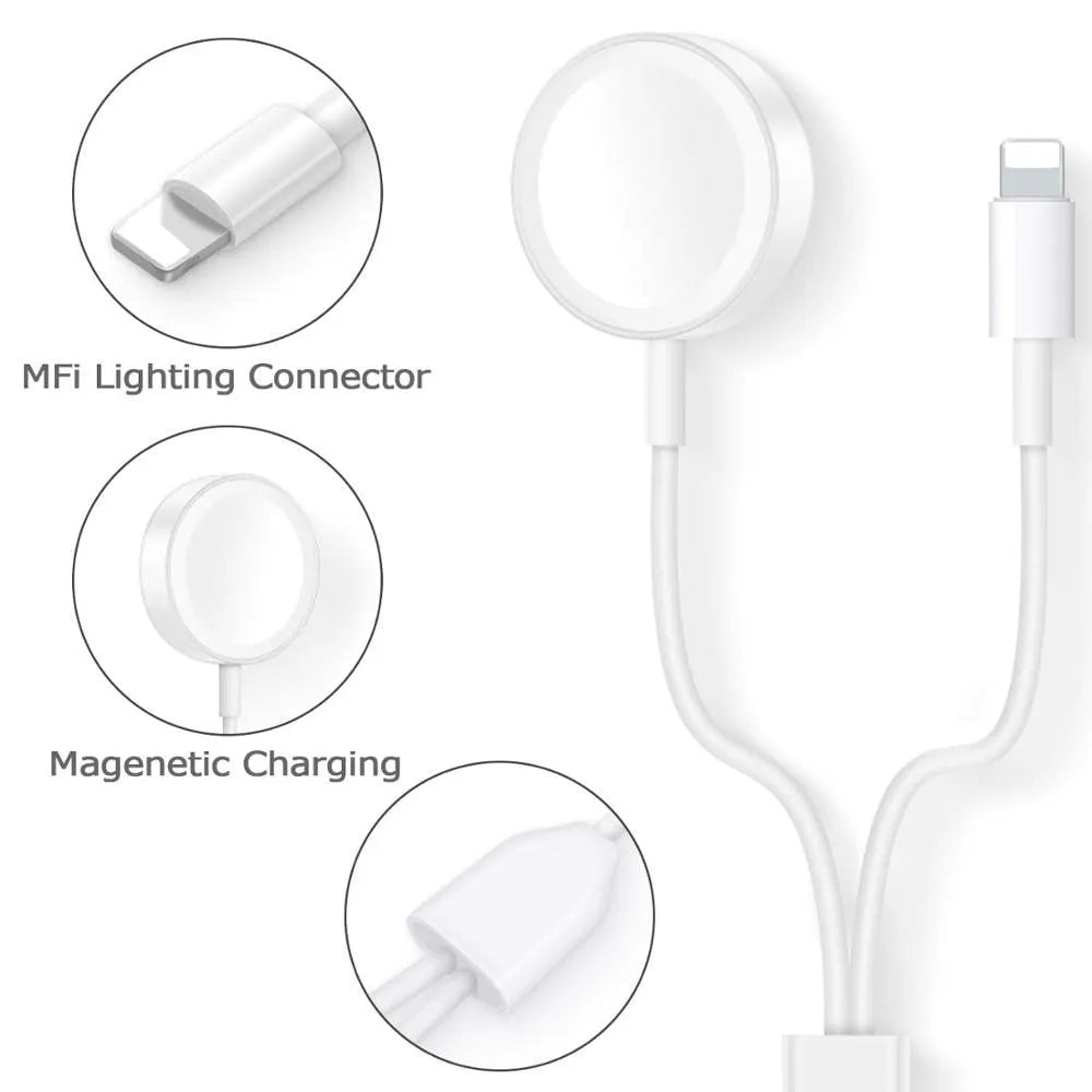 White two-in-one wireless watch charger with USB connection port