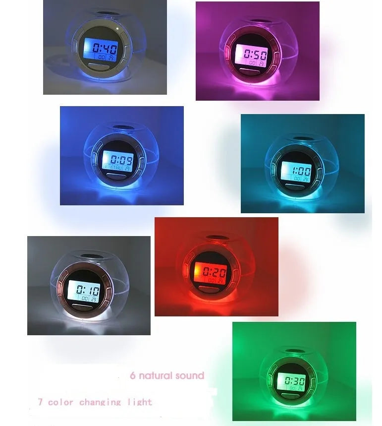 White colourful natural sound alarm clock with LCD display showing time and date
