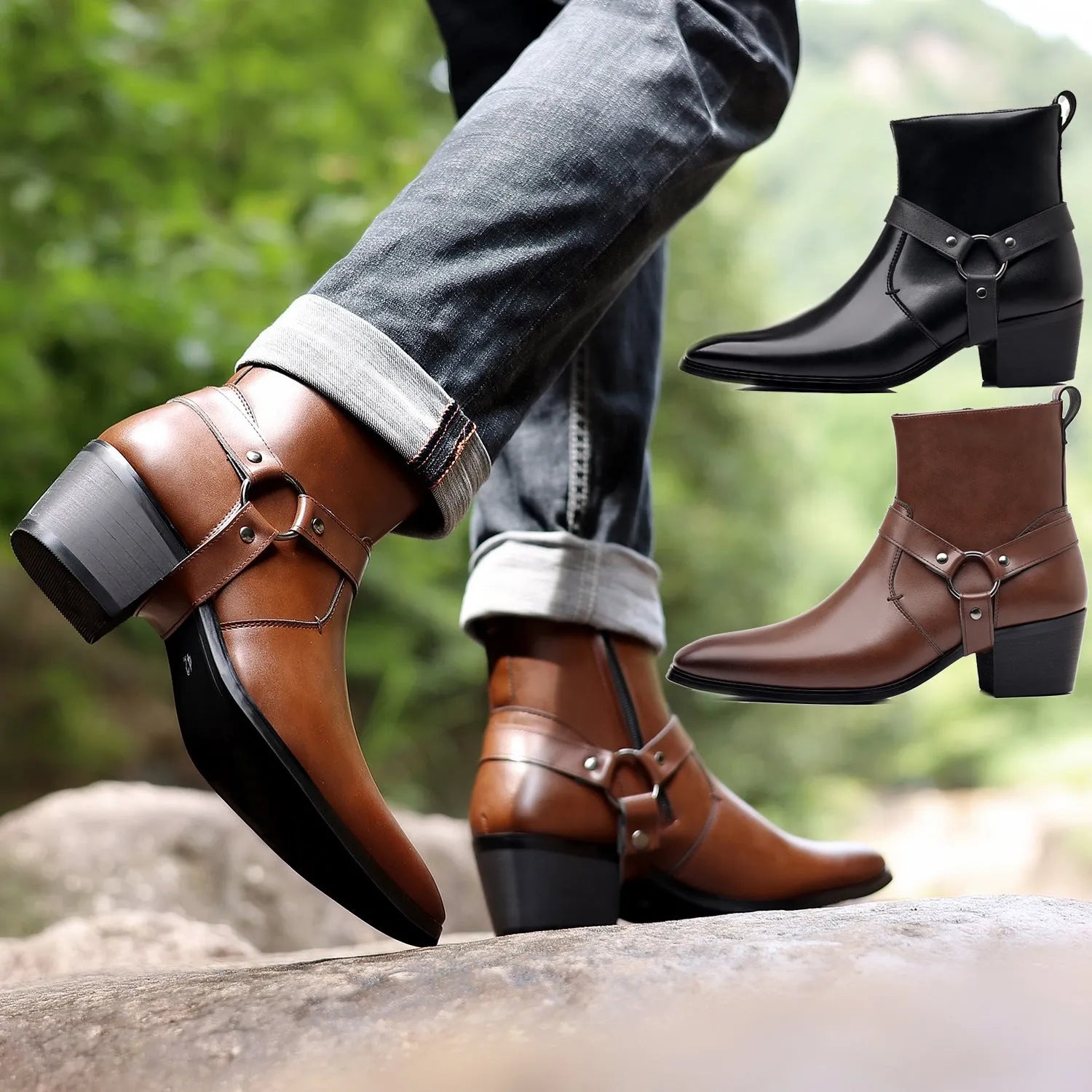 Black wild style unisex chain boots with side zipper and chunky horseshoe heel.