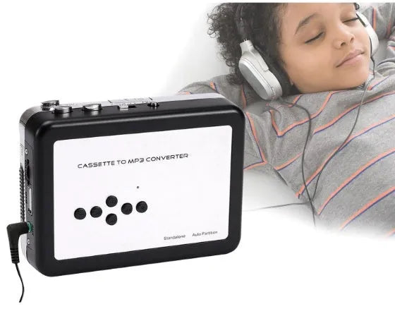 White USB Cassette to MP3 Converter with earphone and USB cable for tape digitisation