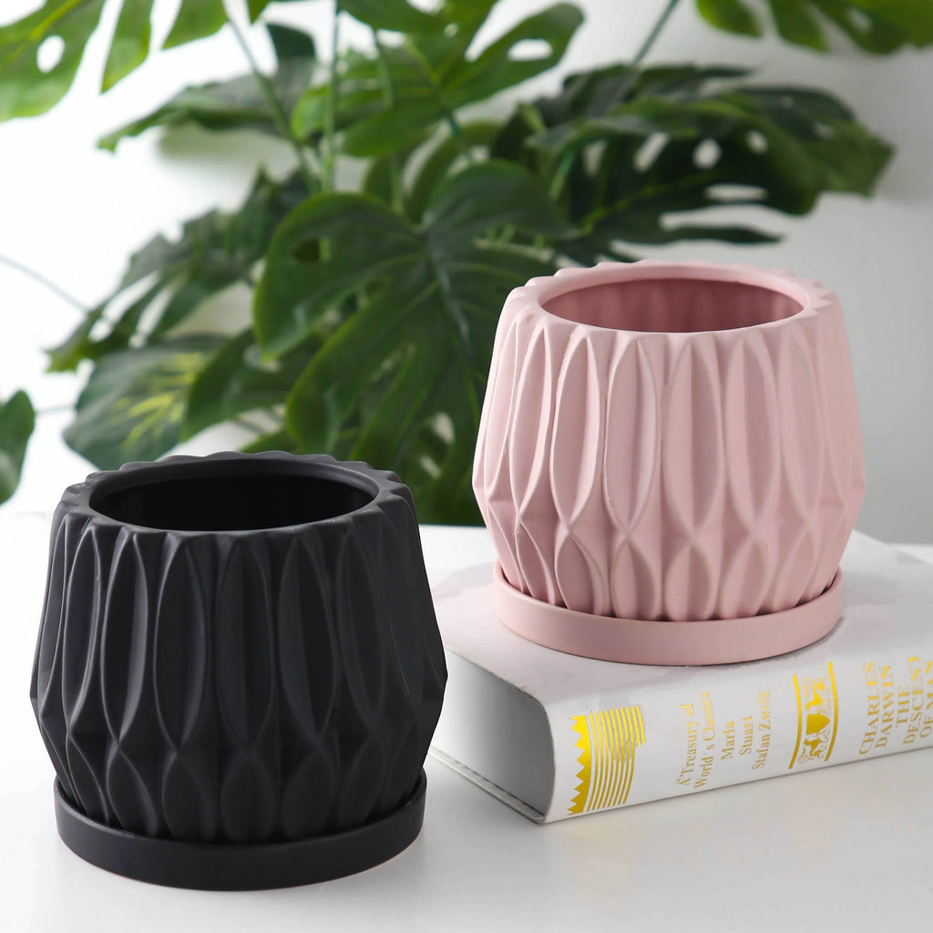 Grey ceramic desktop plant flowerpot medium size for tabletop plants