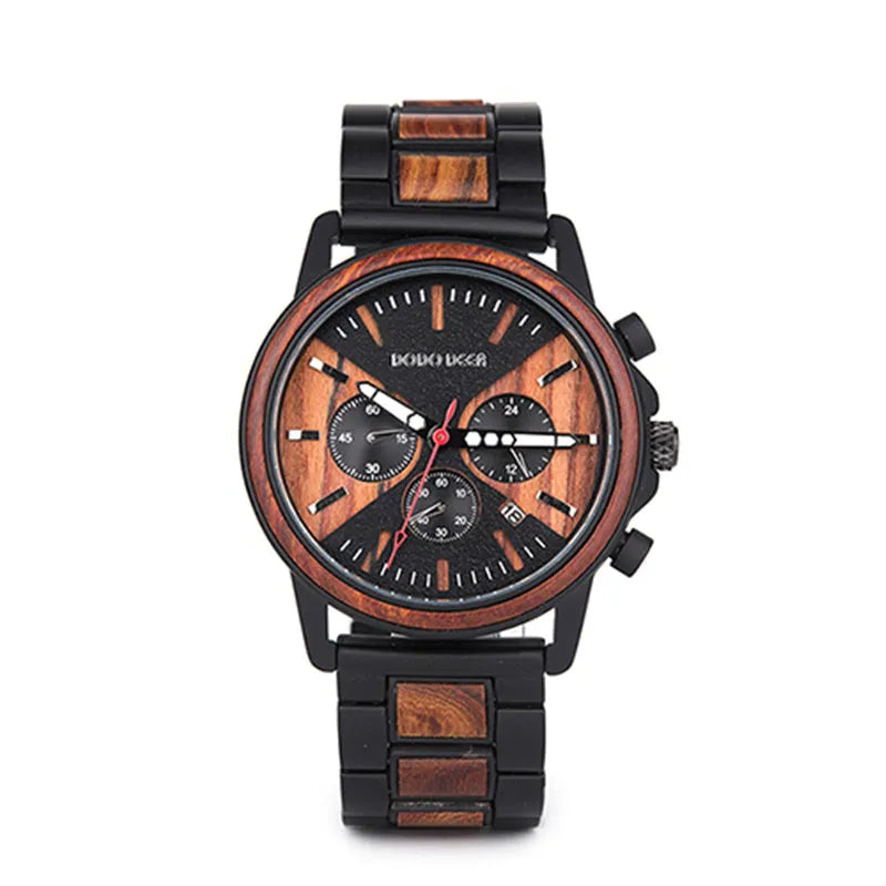 Wooden wrist watch with 44mm metal case, metal band, mineral glass mirror, black colour