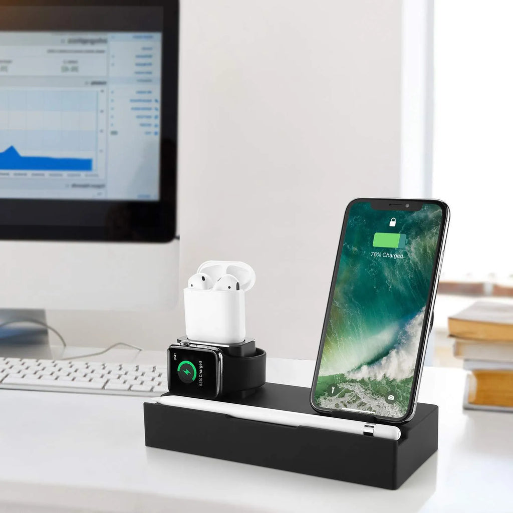 Black eight-in-one wireless charging station with bracket design showing five USB ports and wireless charging pad
