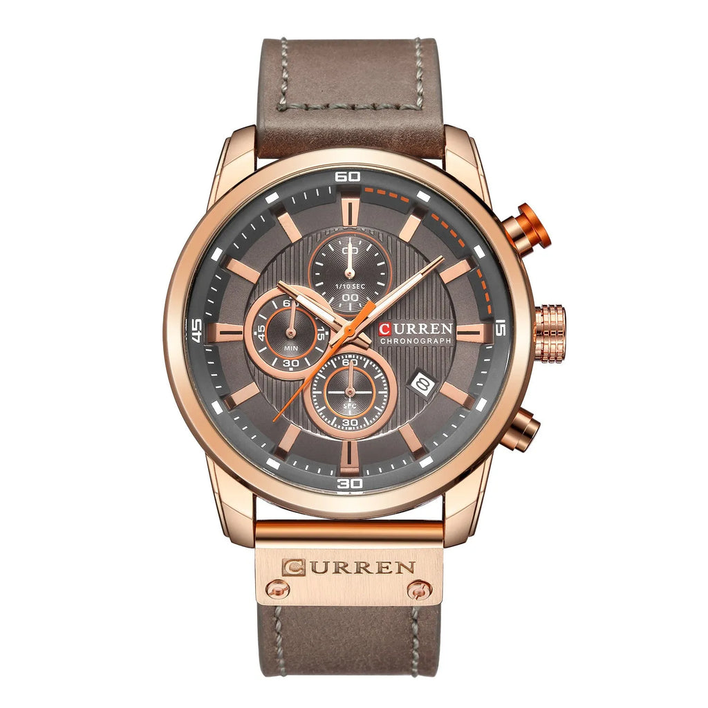 Men's quartz chronograph watch with black dial, leather strap, and titanium pin buckle 47mm waterproof