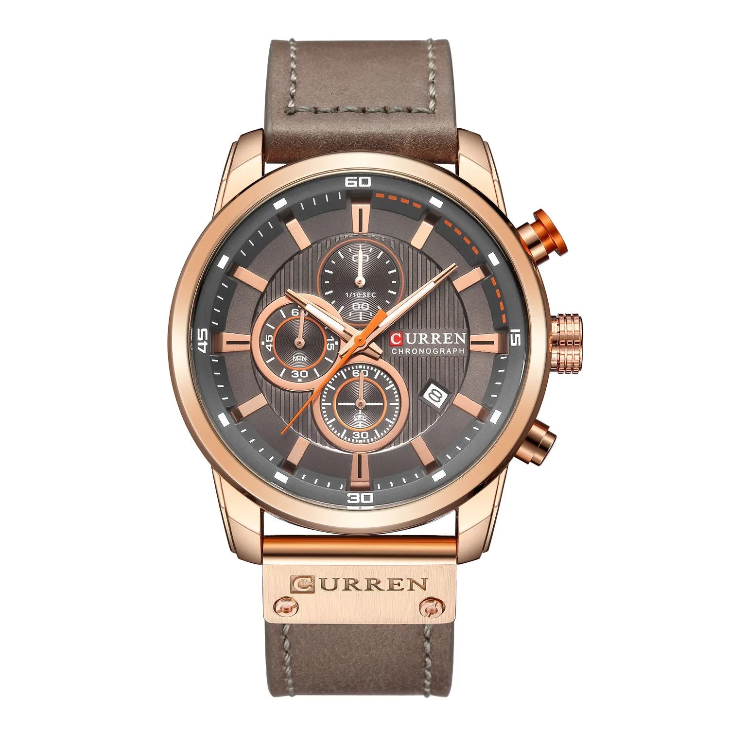 Men's quartz chronograph watch with black dial, leather strap, and titanium pin buckle 47mm waterproof