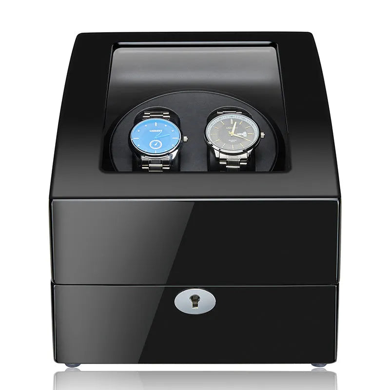 Black mechanical watch winder with piano paint finish, multiple rotation modes, and EU/US plug option.