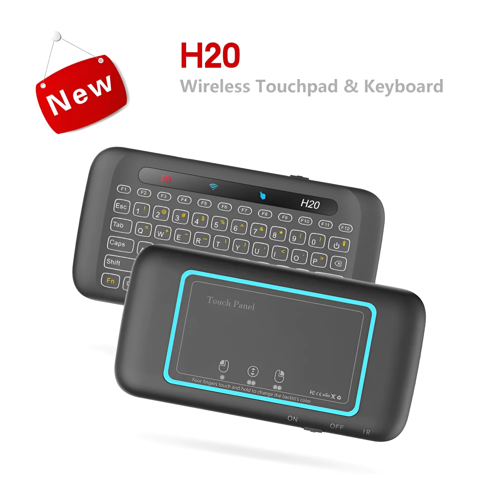 H20 mini wireless keyboard in black with backlit keys and touchpad