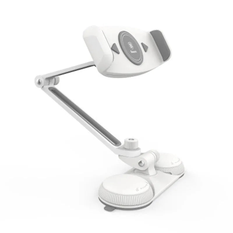 Aluminium alloy sucker bracket with double suction cup holding a mobile phone on a smooth table surface