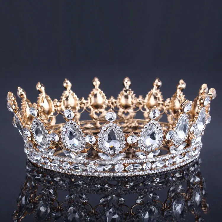 Baroque bridal crown headdress with rhinestones on alloy base, 12.5cm diameter, 5cm height in gold finish