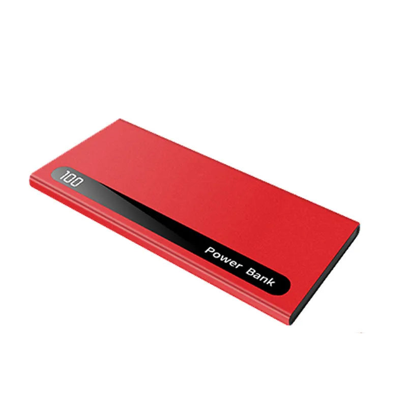 Ultra-thin 20000mAh power bank with digital display, dual USB ports, L172 x W14 x H152, black blue red