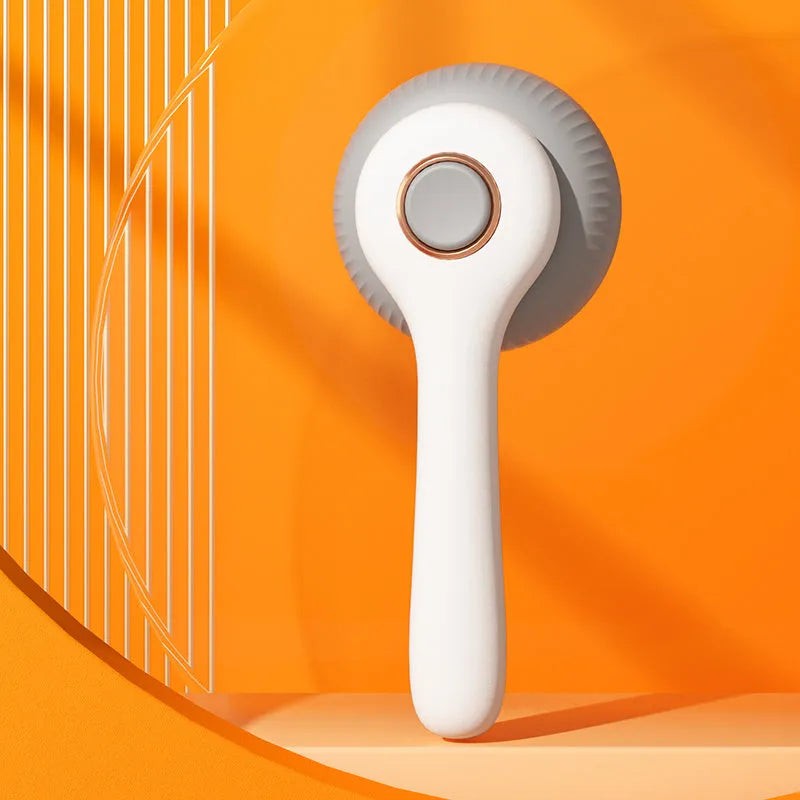 Blue and white self-cleaning slicker brush for grooming cats and dogs to remove loose fur.