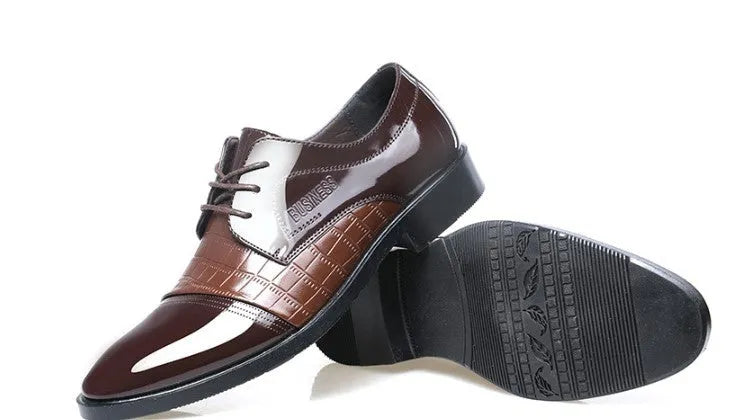 Men's pointed microfiber dress shoes with sequins and stitching, black, low-top design