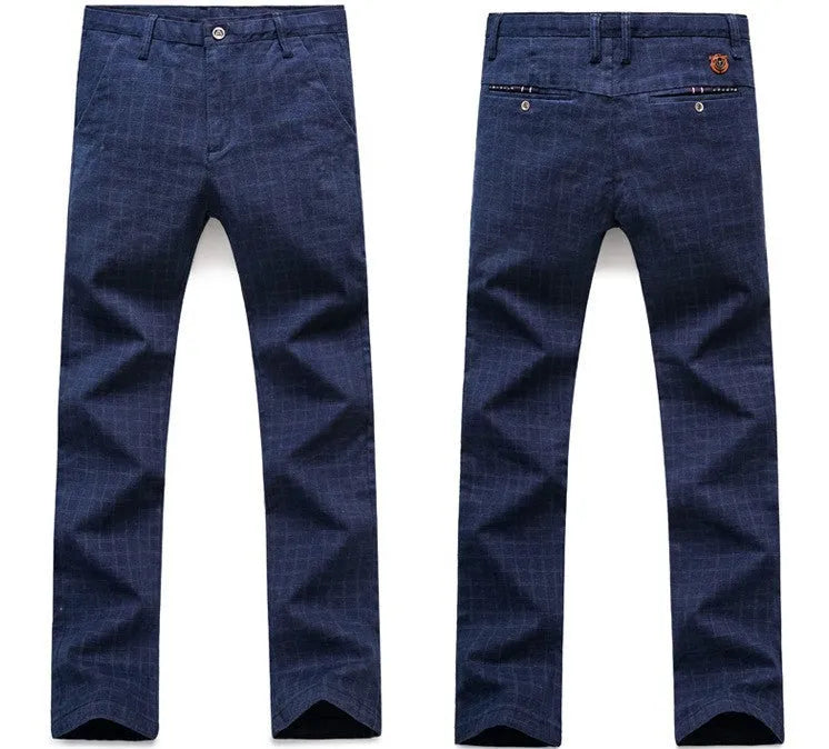 Men's plaid cotton and linen straight trousers in Black or Blue, Asian sizes 28 to 38, straight-leg cut.