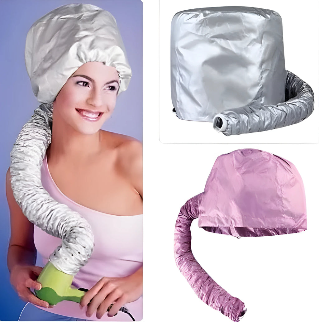 Hair dryer bonnet hood attachment with elastic tube and drawstring, available in Pink and Silver