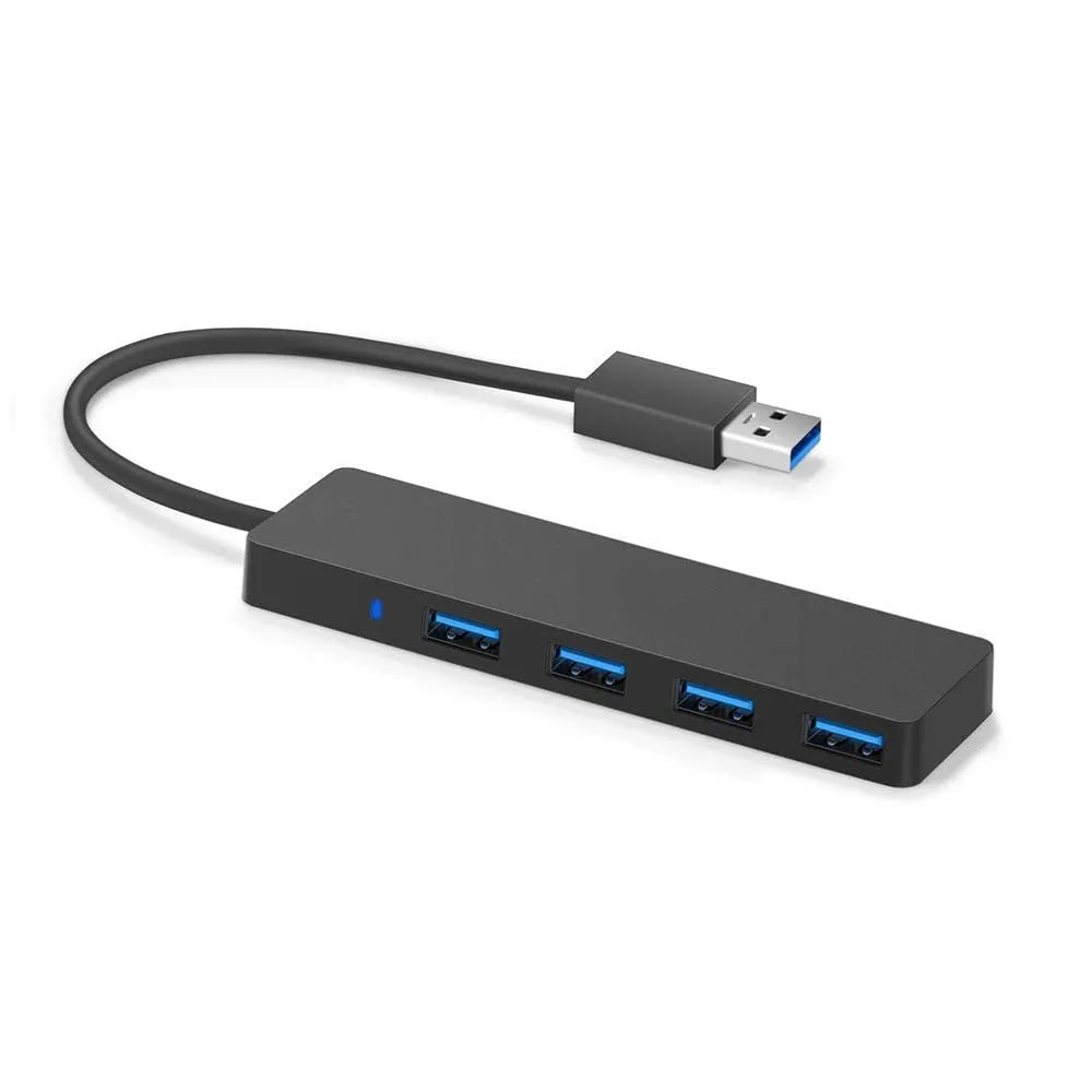 Black USB 3.0 hub with 4 ports, a 30cm cable, and LED activity indicators.