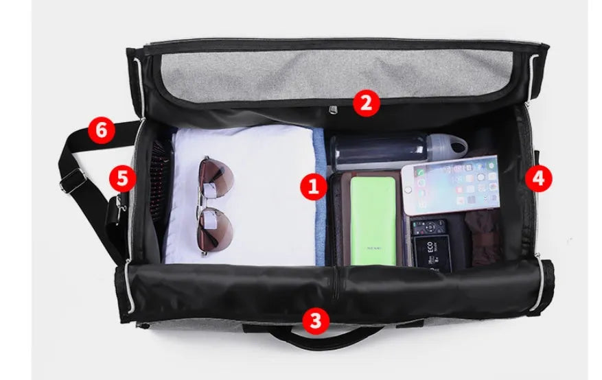 Medium cylinder travel bag in black with zipper pocket, made from waterproof Oxford cloth with 36-55L capacity