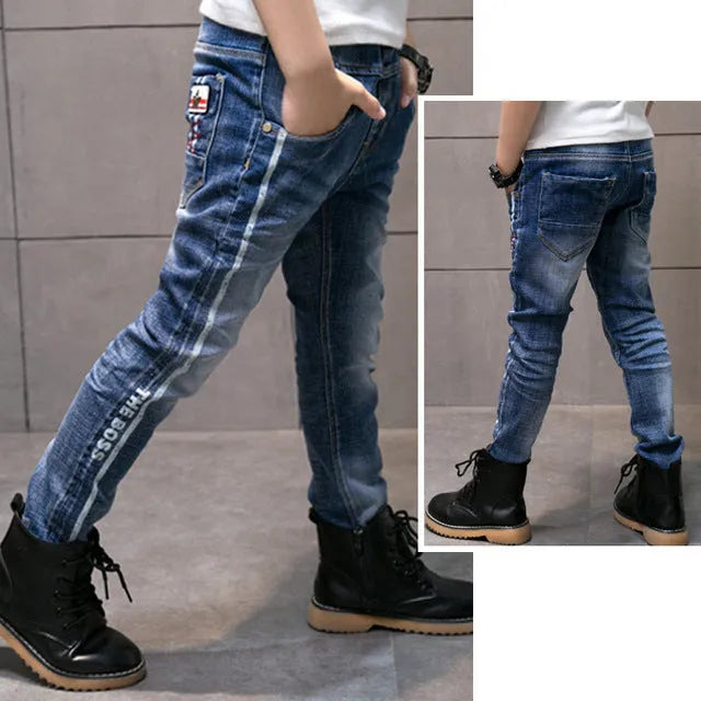 Boys casual jeans dark blue cotton straight leg trousers Asian size 110-170cm