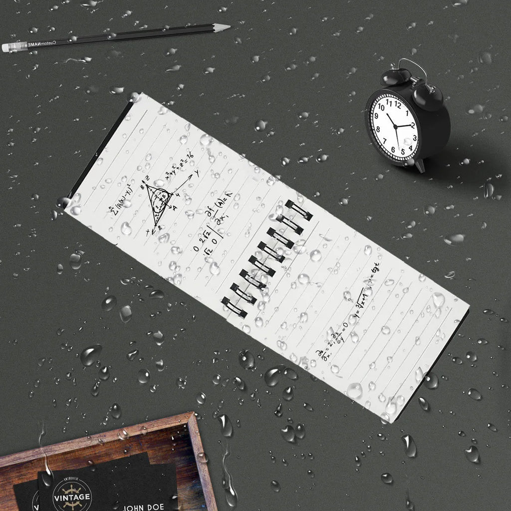 Spiral-bound black business notepad with pen and cleaning rag on a desk.