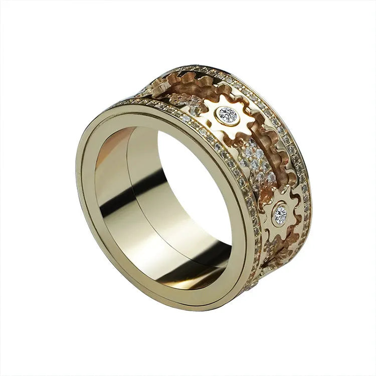 Unisex alloy ring with gypsophila inlaid diamond gear rotating design, white gold finish, size 10