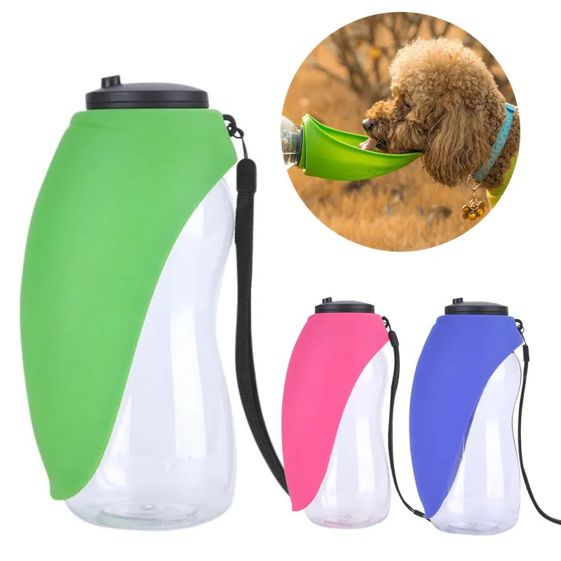 Blue portable dog water bottle with drinking bowl and water lock key