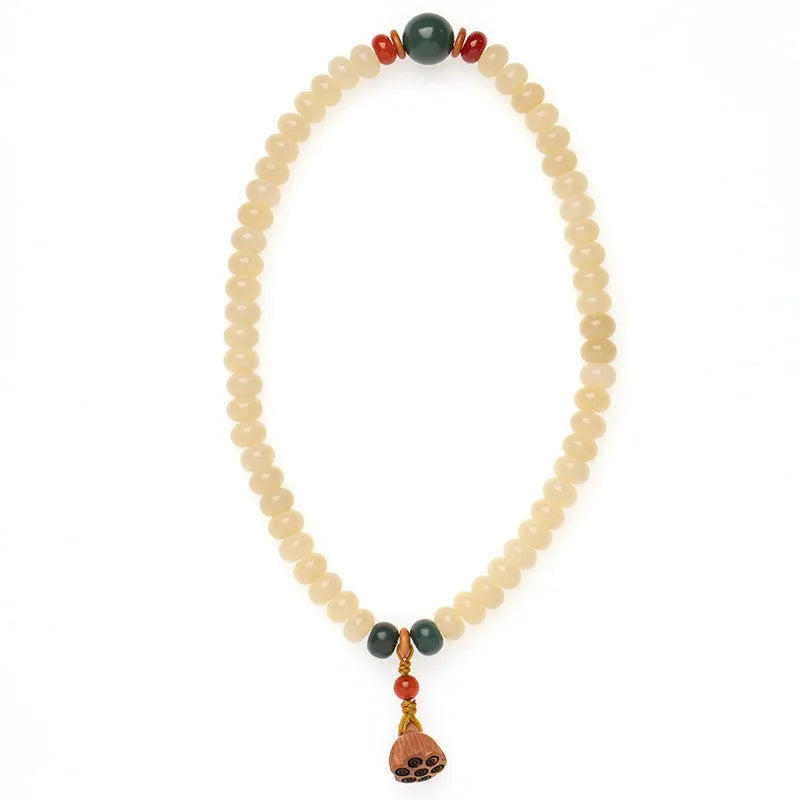 Milk butter Bodhi wooden bracelet with 6x9mm flat round beads and double ring design