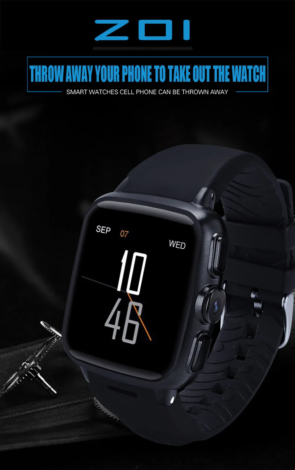 Black or white smart watch with a 1.54 inch HD touch screen and a wrist strap.