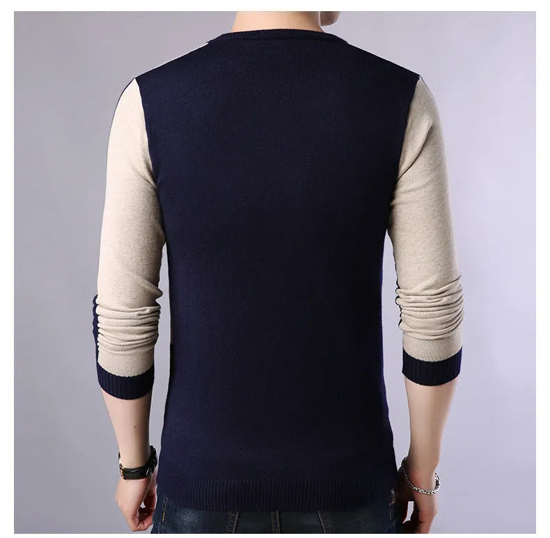 Men's wool crew neck pullover sweater in dark blue, shown on a model