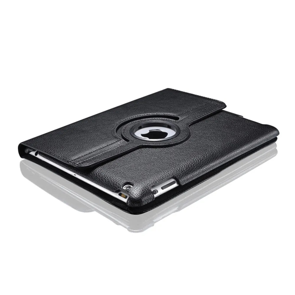 PU leather rotary clam shell case for iPad mini and iPad 2/3/4 in various colours, showing stand function.