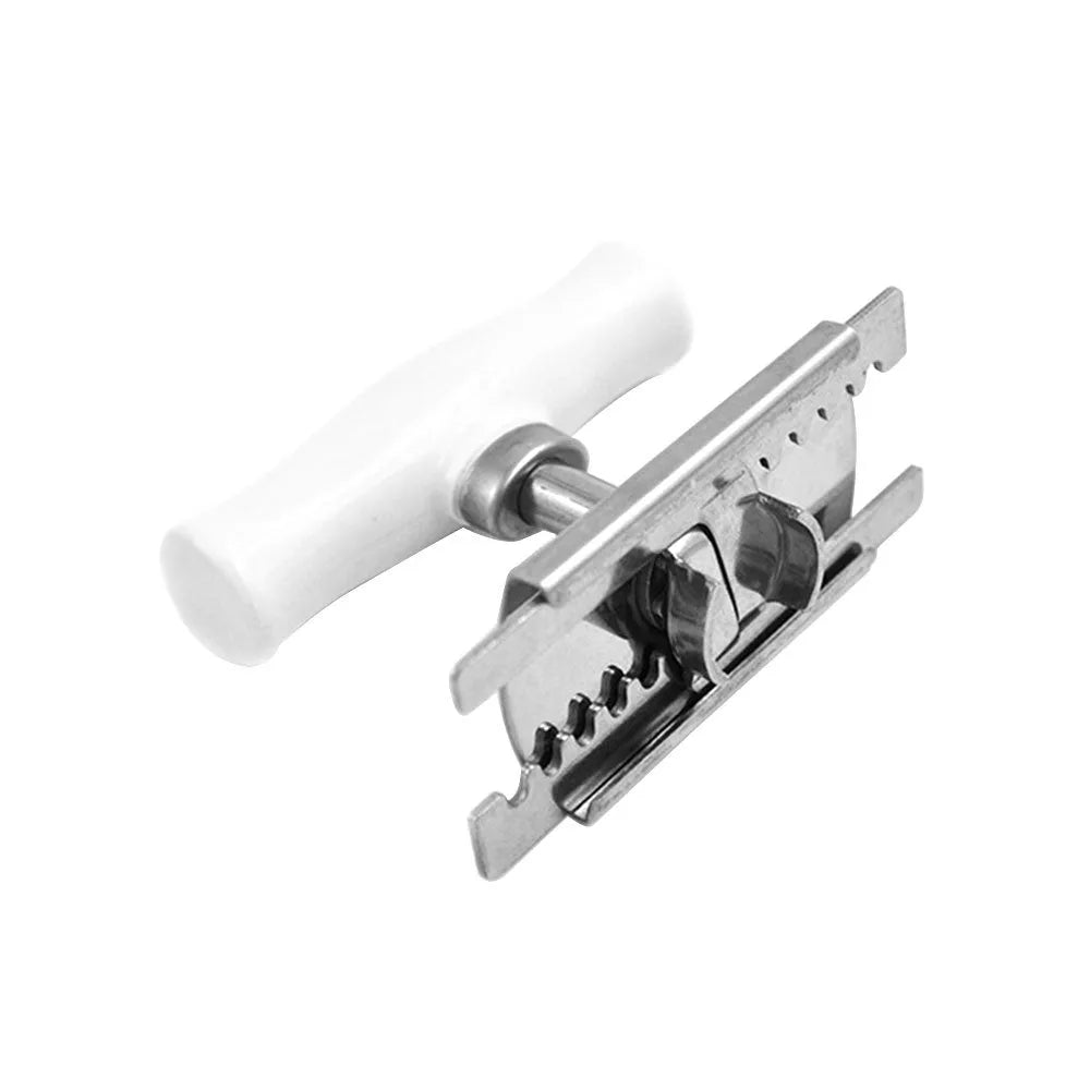White adjustable stainless steel bottle opener with gear mechanism and PP handle on a plain background.