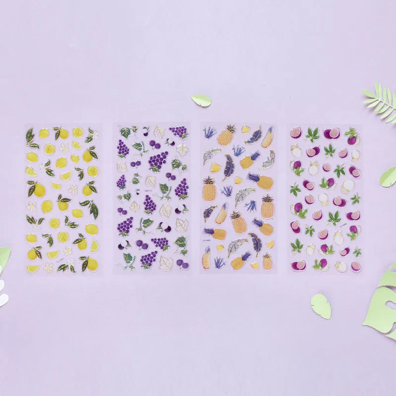 DIY fruit bronzing sticker set showing grape, orange, passion fruit, peach, pineapple and strawberry designs
