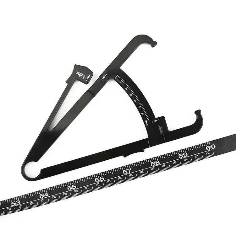 Black ABS plastic body fat caliper measuring skin fold thickness with a 0-70mm scale.