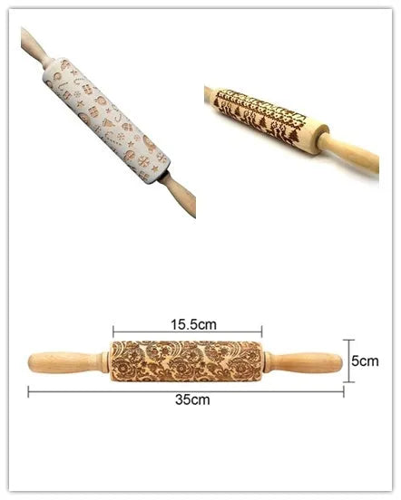 Wooden rolling pin with embossed Christmas patterns, 45cm long, on a kitchen worktop.