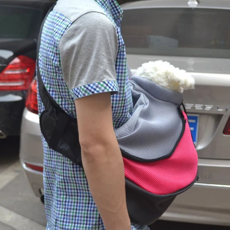 Blue pet backpack carrier for a small dog, showing shoulder straps and front mesh panel.