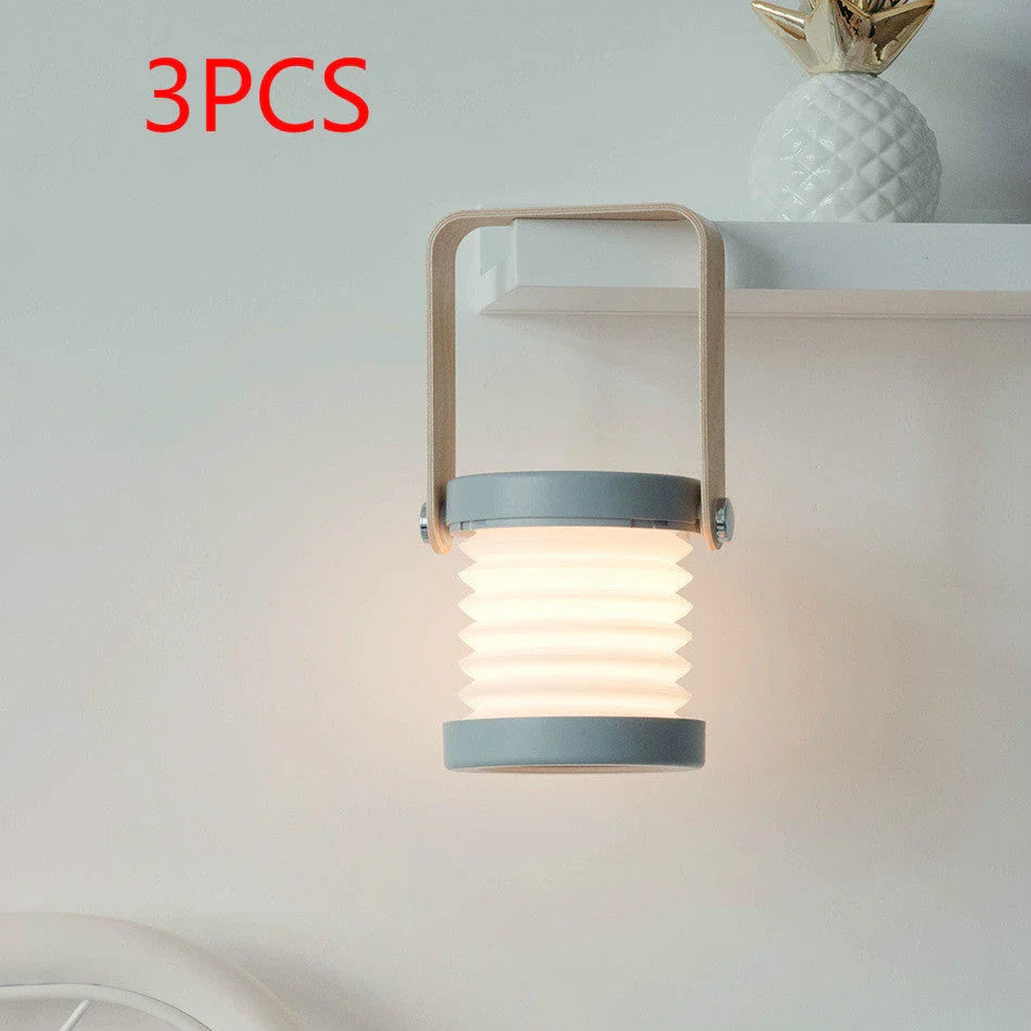 A foldable LED lamp with touch-sensitive dimming control, rechargeable battery, and a versatile design for home decor.